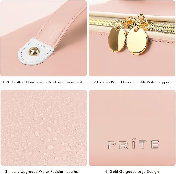 Prite Makeup Bag for Women Travel Waterproof Vegan Leather Cosmetic Bag Open Flat Toiletry Bag With Clear Divider and Handle (Large Pink)