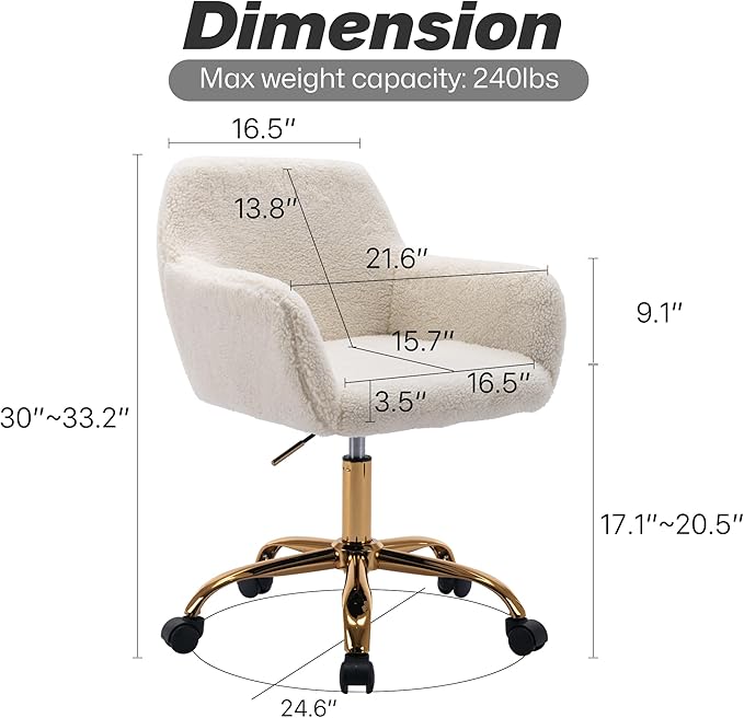 KCC Faux Fur Office Desk Chair, Comfy Swivel Armchair with Wheels, Upholstered Fuzzy Vanity Chair, Adjustable Height, White