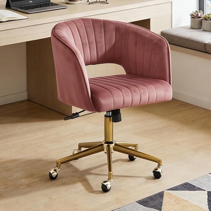 Vanity Chair with Back 360 Swivel Armchair and Gold Base, Criss Cross Chair with Wheels for Vanity Home Office, Living Room, Bedroom and Study (Pink)