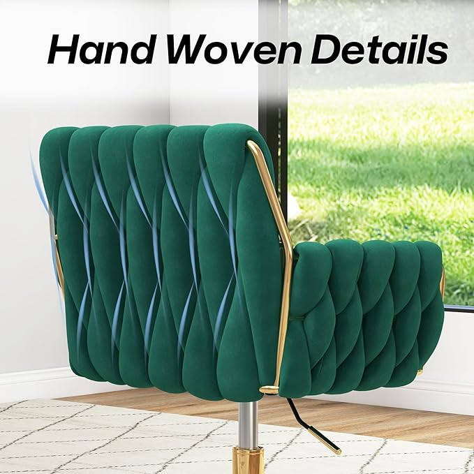 Woven 360°Swivel Desk Chair, Velvet Height Adjustable Home Office Armchair with Golden Base for Teens Women Girls, Upholstery Computer Chair for Home Studios and Office, Woven & Dark Green