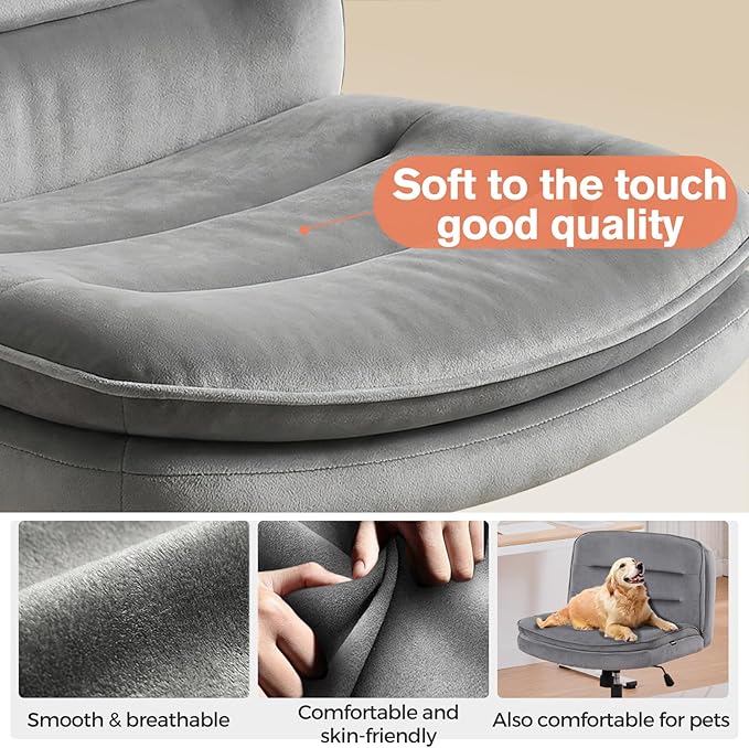 GTPLAYER Cross Legged Office Chair, Armless Desk Chair Cute Vanity Chair with Wheels Computer Chair Comfy Wide Office Chair Adjustable Swivel for Home Computer Task,Velvet Grey