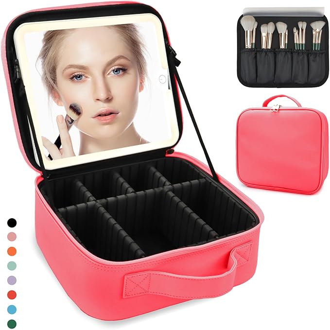 Makeup Bag with Led Mirror,Large Vanity Makeup Cases with 3 Color Setting,Portable Storage and Adjustable Dividers,for Women and Makeup Artists Cosmetic Organizer Travel Makeup Bag-Light Red