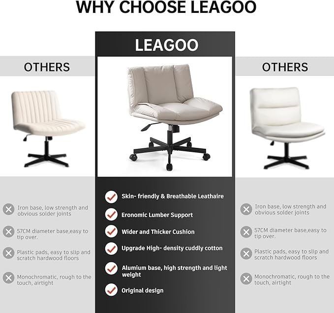 LEAGOO Criss Cross Chair with Wheels, Genuine Leather Armless Cross Legged Office Chair, Comfy Desk Chair, Modern Swivel Height Adjustable Computer Task Chair, Wide Seat Cute Chair for Home Office