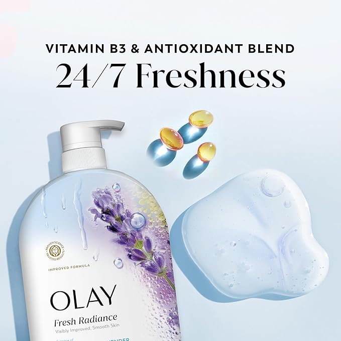 Olay Body Wash for Women, Fresh Radiance, 24/7 Skin-Loving Freshness, Visibly Radiant, Plant Based Cleansers, Vitamin B3 & Antioxidant Blend, For All Skin Types, Birch Water & Lavender Scent, 35 fl oz