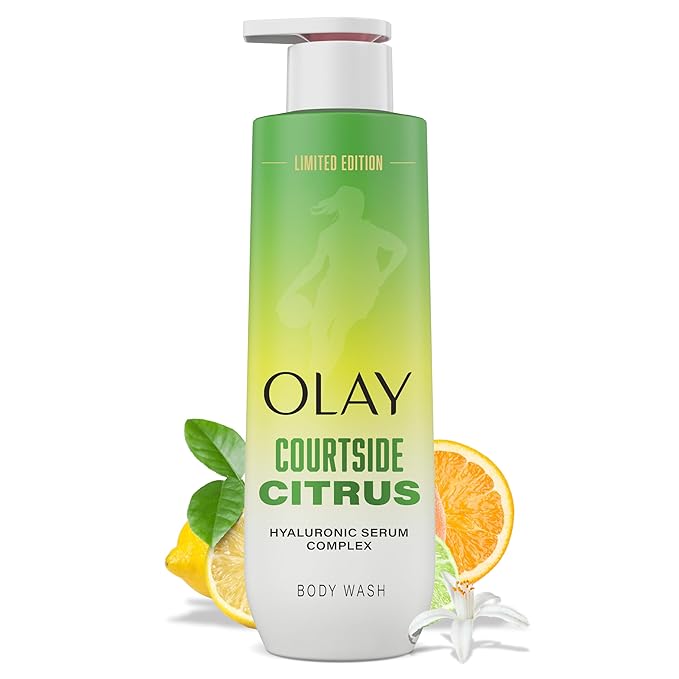 Olay Body Wash for Women, WNBA, Intensely Hydrating, Hyaluronic Acid Serum, Hydration On/Off Court, Improves Moisture Barrier, Vitamin B3 Complex, All Skin Types, Courtside Citrus Scent, 20 fl oz