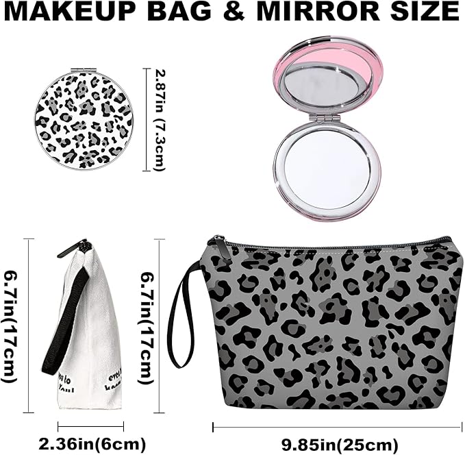 Personalized Small Black and gray leopard print on gray background Makeup Bag Set with Mirror,Bride Bridesmaid Cosmetic bag with10 pieces brush kit,Birthday Gifts for Women Mom Best Friend