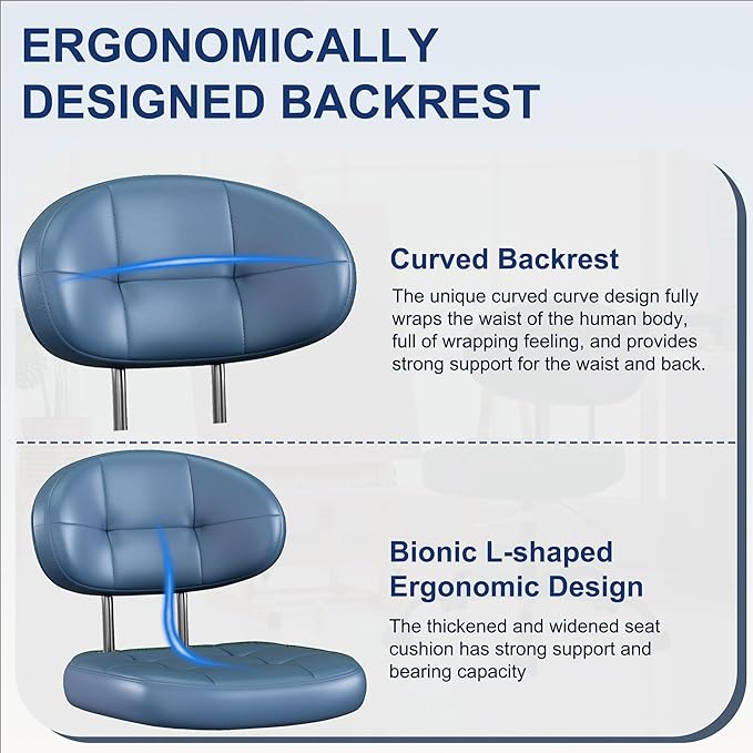 Misolant Vanity Chair with Back, Small Armless Cute Office Chair with Wheels and Lumbar Support, Comfy PU Leather Desk Computer Chairs with Adjustable Height, 360°Swivel for Home Bedroom, Navy Blue