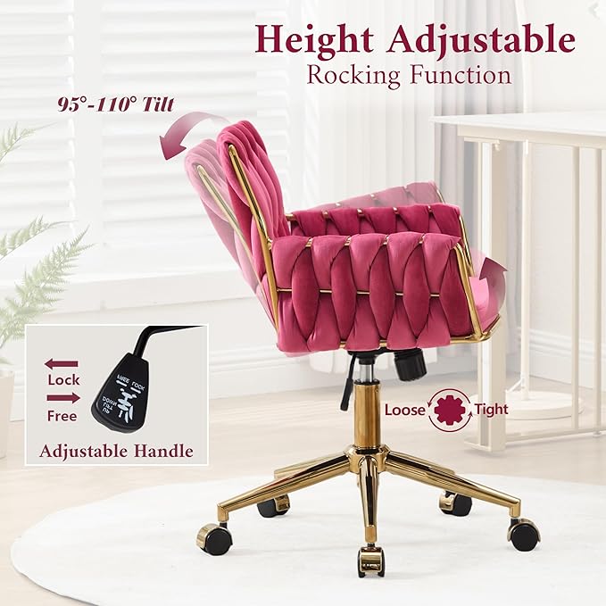 civama Velvet Office Desk Chair with Hand Woven Backrest, 360°Swivel & Height Adjustable Cute Girls Vanity Vlog Chairs, Nail Salon Bedroom Dressing Room Armchair with Gold Base and Wheels (Hot Pink)