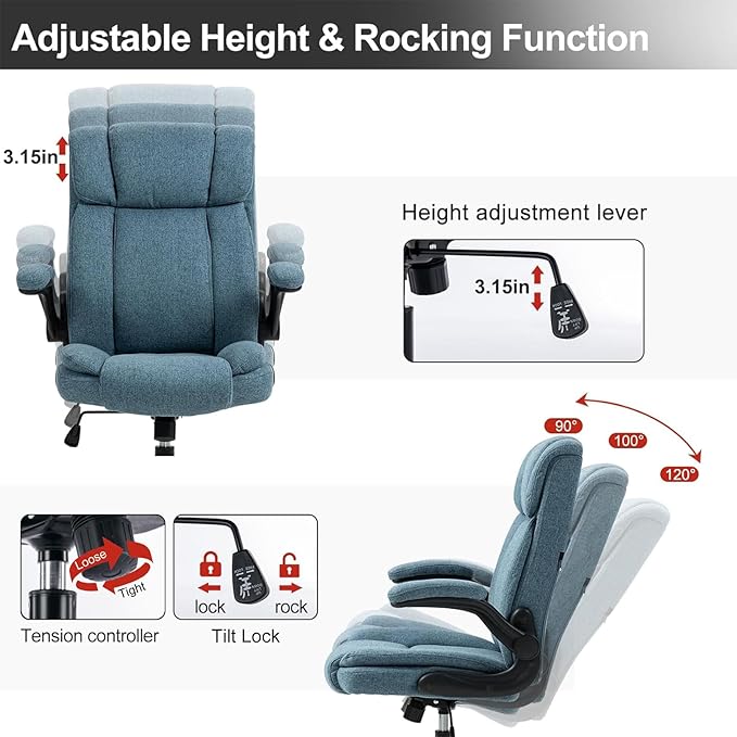 Office Chair High Back Ergonomic Executive Computer Desk Chair Comfortable Fabric Padded Home Office Desk Chairs with Flip-up Arm Rest Adjustable Height Swivel Wheels (Blue)