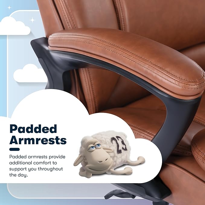 Serta Fairbanks Big & Tall Executive Office Chair, Ergonomic High-Back with Lumbar Support, Semi-Plush Seat Cushion and Body Pillows, Padded Armrests, Nylon Swivel Base, Bonded Leather, Cognac Brown
