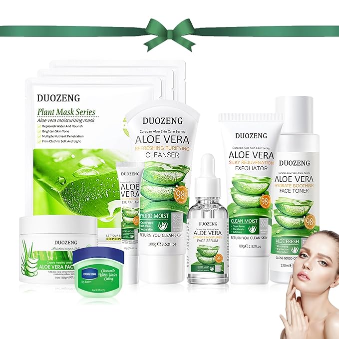 Skin Care Kit,Skincare Gift Set with Facial Cleanser,Toner,Serum,Eye Cream, Face Cream,Exfoliating Gel,Sleeping Lip Mask & 3 Pcs Aloe Vera Mask Kit for Women(10 Count)