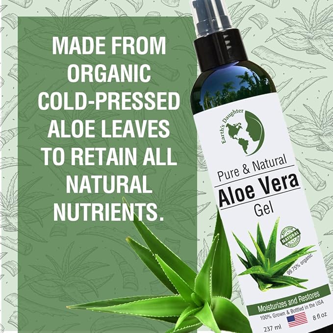 Earth's Daughter Premium Organic Aloe Vera Gel from Fresh Cut 100% Pure Organic Aloe leaves – TopQuality Fast Absorbing for Face, Skin, Hair & Body – Vegan, Unscented, Natural - 8 Oz USA Made