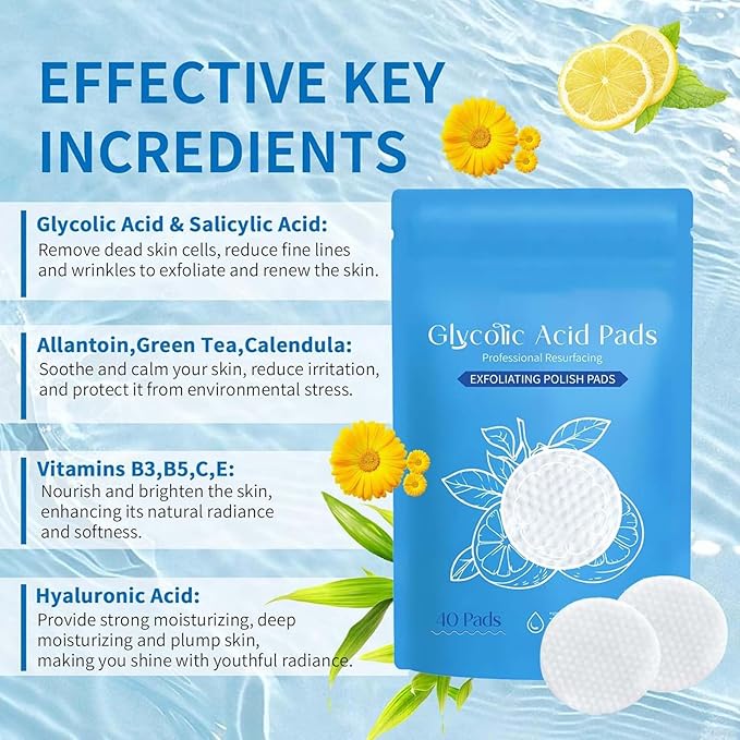 Glycolic Acid Pads 10% Exfoliating Pad for Face,Exfoliating Pads with Salicylic Toner Pad With Acid Aloe Vitamin E Deep Cleaning Effect Peeling Gentle for Sensitive Skin-40 (1pc)