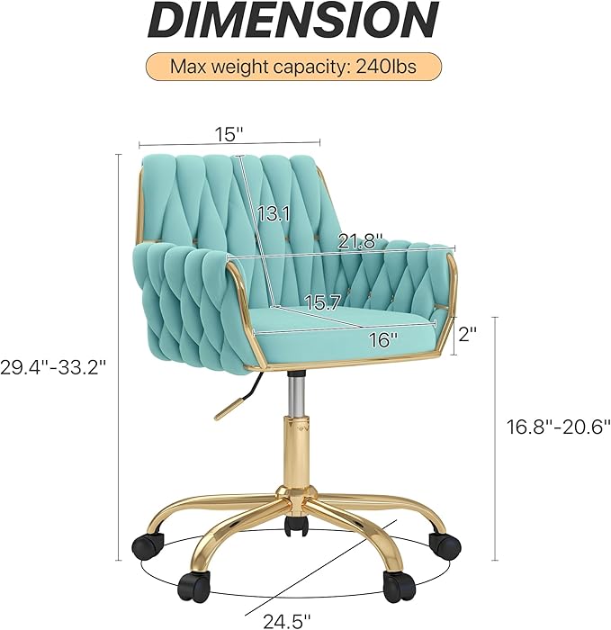 Velvet Modern Home Office Vanity Chair, 360° Swivel Adjustable Height Makeup Desk Chair with Golden Base and Hand Woven Backrest for Bedroom/Study/Vanity (Teal)