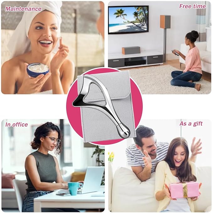 Gua Sha Facial Tools with Eye Roller, Facial Massage Tool for Face Sculpting Daily Beauty Routine Edema, Gift for Women Silver