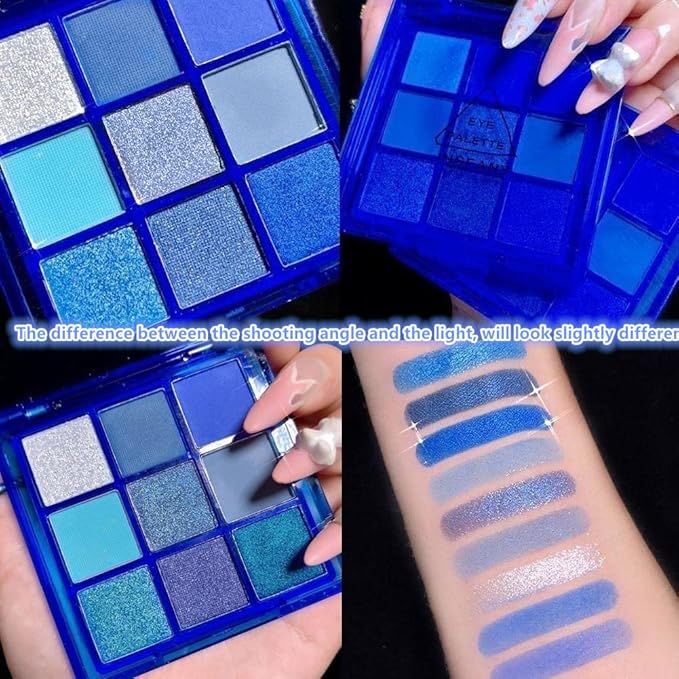 Go Ho 9 Style Blue Grey White Powder Makeup Eyeshadow Palette,Matte & Pearl Shimmer Design Waterproof Cool Blue Eye Eyeshadow Palette for Women&Girls