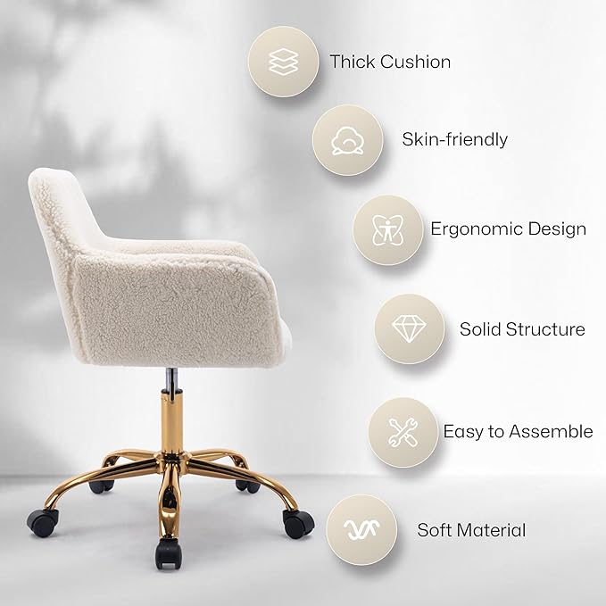 Faux Fur 360°Swivel Desk Chair, Modern Height Adjustable Home Office Armchair with Golden Base for Teens Women Girls, Upholstery Computer Chair for Home Studios, Sherpa & White