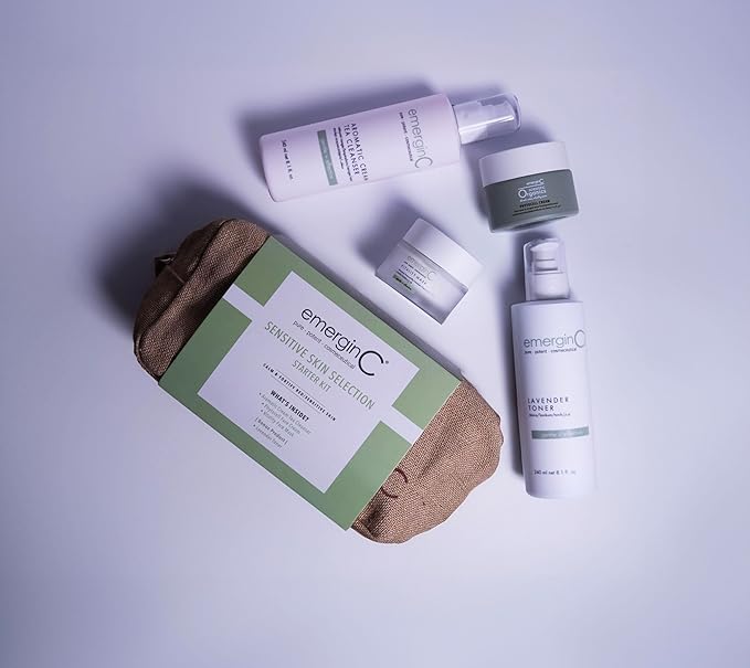 emerginC The Sensitive Skin Collection Starter Kit - Skin Care Set with Aromatic Cream Cleanser, Lavender Toner, Vitality Mask & Phytocell Anti-Aging Cream - Calm, Hydrate & Nourish (4 Piece Set)