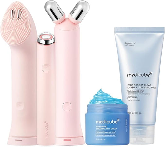 medicube Cleanse, Contour & Plump Device & Skincare Set: Mini Booster Pro Plus Facial Set Pink | 3-in-1 Korean Facial Device | Cleanse, Define, Boost for Hydration, Clear Pores and Stronger Skin