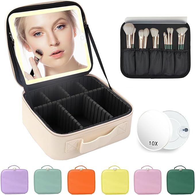 Makeup Bag with Mirror,with Mirror 3 Color Setting and Detachable 10x Magnifying Mirror Large Vanity Makeup Cases,Portable Storage and Adjustable Dividers, for Women and Makeup Artists-White