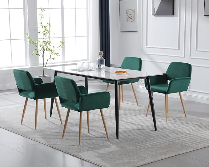 KCC Small Modern Dining Room Arm Chairs 1 Piece, Mid-Century Upholstered Velvet Side Seat Club Guest with Metal Tube Legs for Kitchen, Living Room, Green