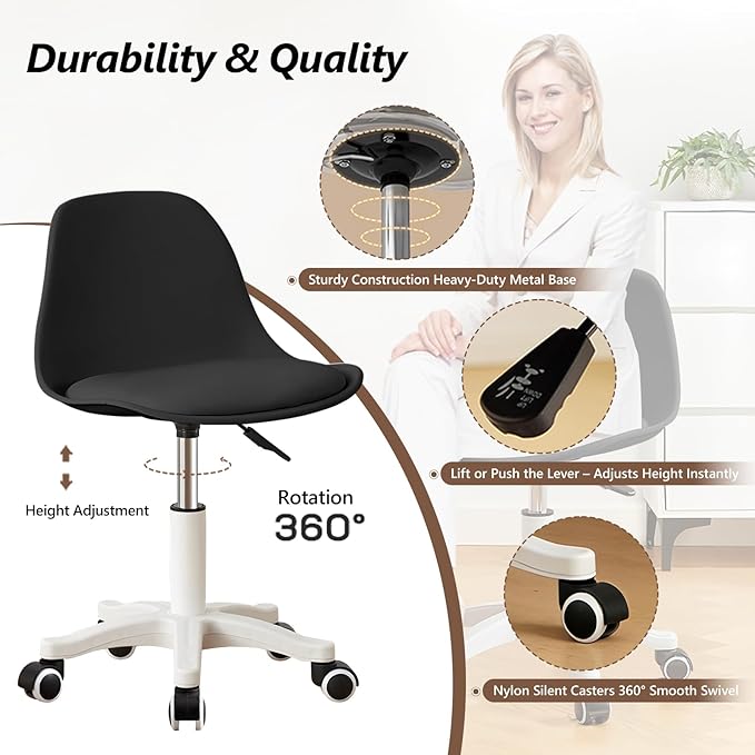 Small Desk Chair Cute Armless Task Vanity Chair with Soft Padded Cushion, Plastic Height Adjustable Home Office Chairs for Teens Girls