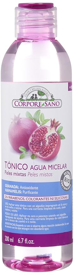 Corpore Sano Micellar Toner for Dry Skin/Combination Skin-CERTIFIED ORGANIC-NO PARABENS-Imported from Spain-200 ml/6.7 fl.oz (Combination Skin-Pomegranate & Whitch Hazel)