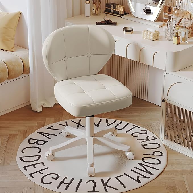 Vanity Chair with Back – Small Armless Office Chair with Wheels, Lumbar Support, PU Leather, Adjustable Height, 360° Swivel for Home, Bedroom, Office White Set of 1