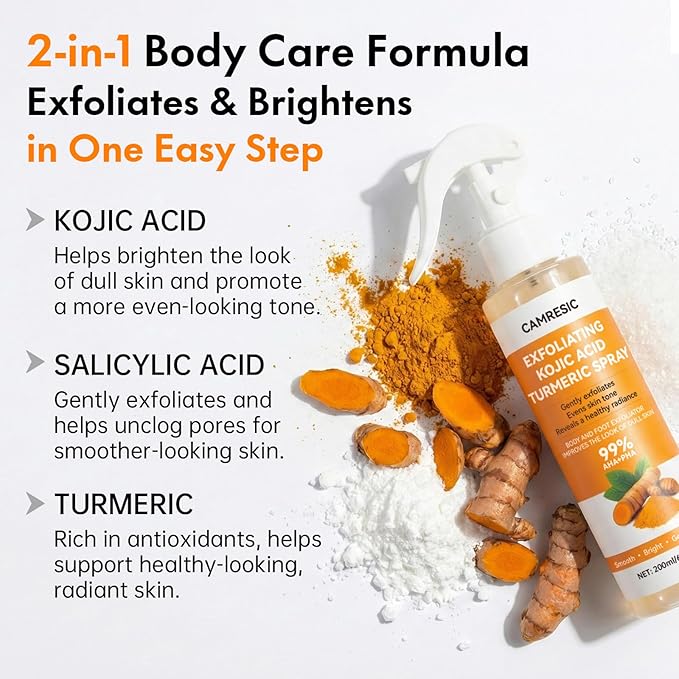 Kojic Acid & Turmeric Body Care Spray, Gentle Exfoliating Texture Care with Soft Sponge Applicator, Daily Body Skin Care for All Skin Types, 200ml