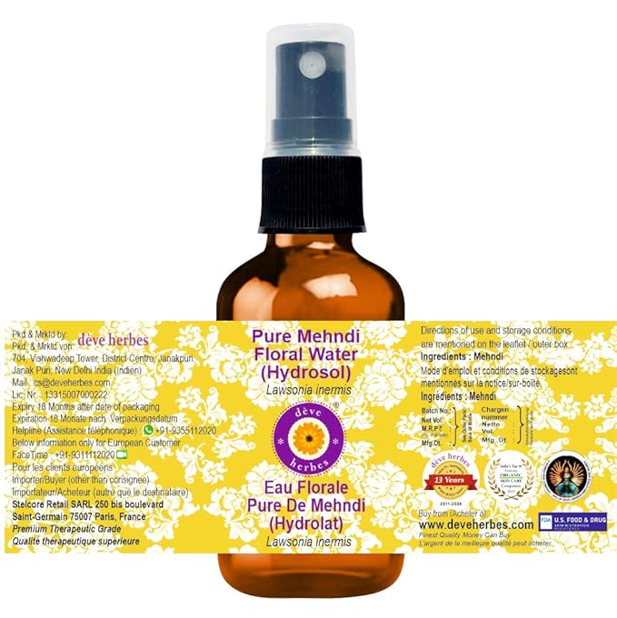 Deve Herbes Pure Mehndi Floral Water (Hydrosol) (Lawsonia inermis) for Skin - 100ml (3.38 oz)