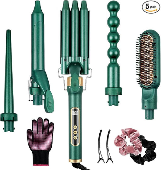 Yinhua Curling Iron Set, 5 in 1 Curling Wand with 4 Interchangeable Ceramic Barrels and 1 Straight Hair Brush, 30S Instant Heat Up, LCD Temp Adjustment, Dual Voltage, Includes Heat Resistant Gloves