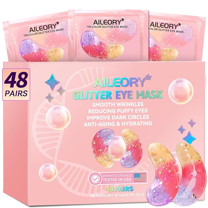 Under Eye Patches (48 Pairs) - Tri-color Glitter Eye Gel Pads for Dark Circles, Puffy Eyes, Under eye Bags, Wrinkles | Natural Collagen Under Eye Mask Patches, Easter Basket Stuffers