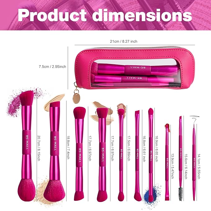 BS-MALL Double-ended Makeup Brush Set With Concealer Brush & Foundation Brush, Eyeshadow Brush- Travel-friendly Multi-purpose Brushes In Makeup Bag For Daily Use (10 PCS Hot Pink)