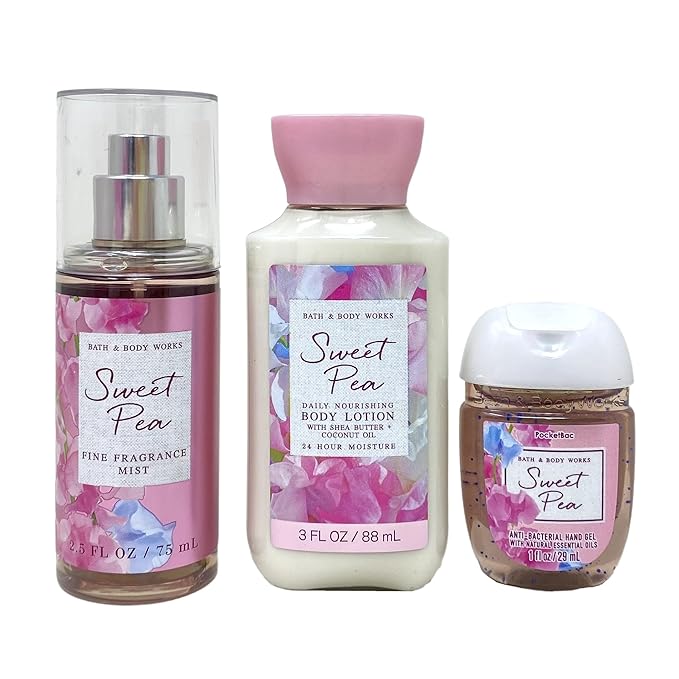 Bath & Body Works Sweet Pea You're Sweet Mini Gift Bag Trio - Fragrance Mist - Body Lotion and Hand Gel - with a Himalayan Salts Springs Sample Soap - Travel Size