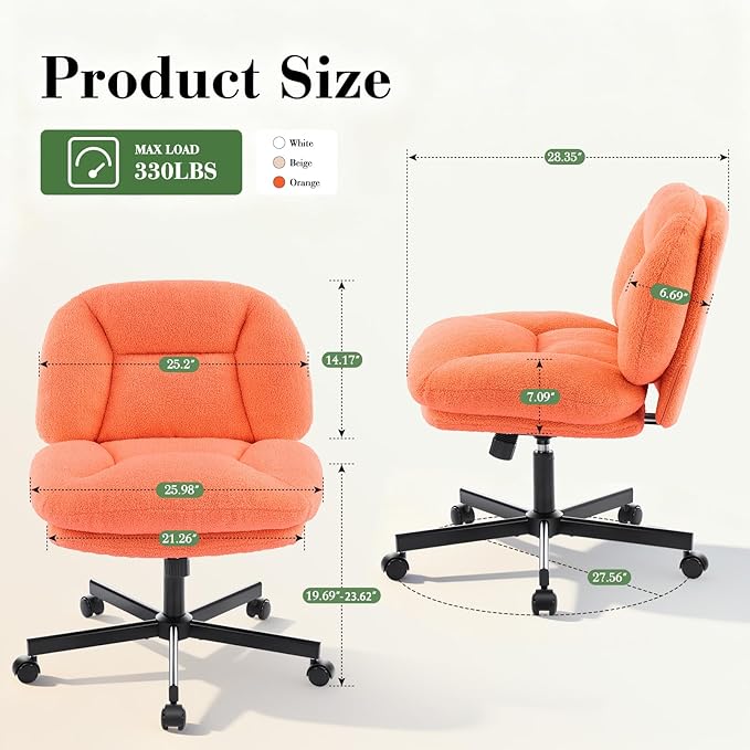 Cross Legged Office Chair, Thick Cushioned Criss Cross Desk Chair with Wheels, Wide Seat Armless Office Chair, Height Adjustable Swivel Vanity Chair for Home and Office, Orange