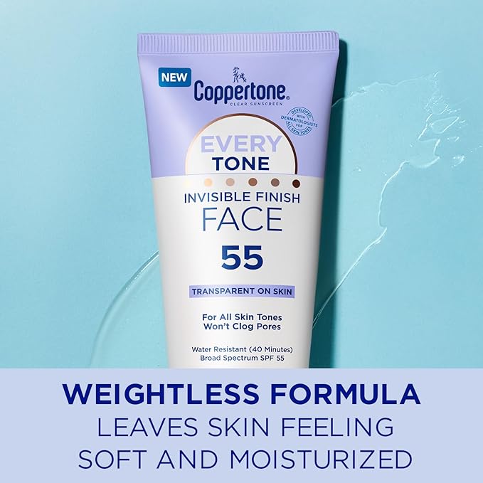 Coppertone Every Tone Invisible Finish Face Sunscreen SPF 55, Lightweight, Blends in Clear Sunscreen for All Skin Tones, 2 Fl Oz Tube (Pack of 2)