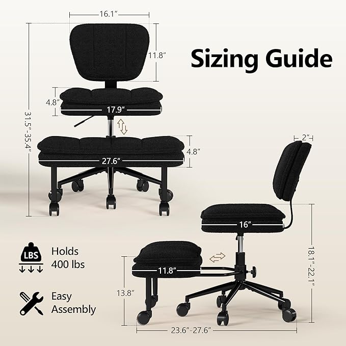 AODAILIHB Ergonomic Cross Legged Office Chair with Pull-Out Stool, 360° Swivel Teddy Fabric Meditation Chair with Wheels, Height Adjustable Kneeling Chair with Lumbar Support for Home Office, Black