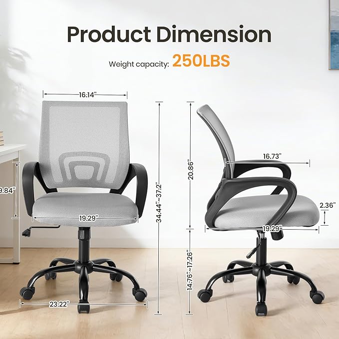 NEWBULIG Computer Desk Office Chair, Ergonomic Mid-Back Swivel Rolling Chair with Breathable Backrest and Lumbar Support Wheels, Mesh Office Chairs for Adults Home Task Gaming， Gray 1 Pack