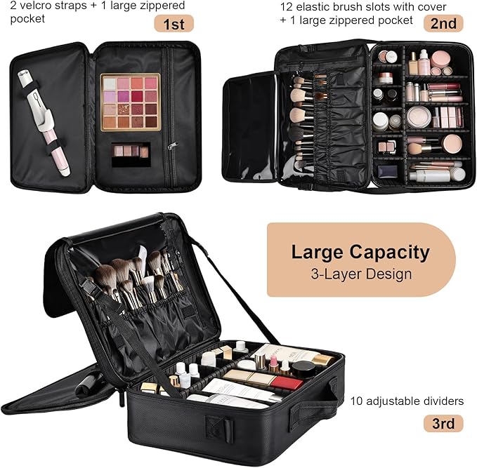Professional Makeup Train Case with Brush Holder, Large Makeup Travel Bag Organizer, Portable Cosmetic Carry Case 3 Layer Makeup Artist Storage Box with Adjustable Dividers and Shoulder Strap, Black