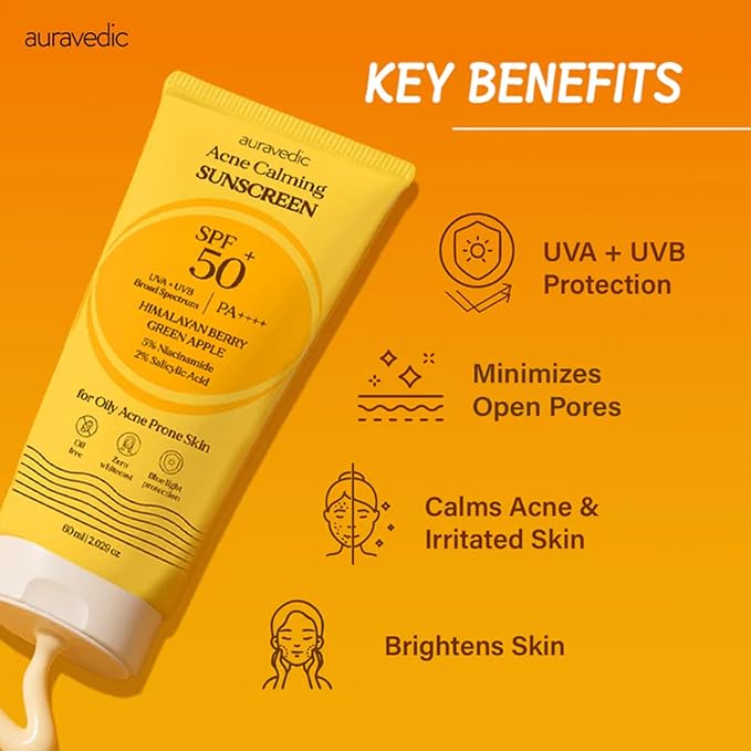 Auravedic Acne Calming Sunscreen SPF 50 PA++++ | Oil-Free Broad Spectrum UVA/UVB Face Sunscreen with 5% Niacinamide & 2% Salicylic Acid | For Oily & Acne-Prone Skin | 2.12 Oz (60g)