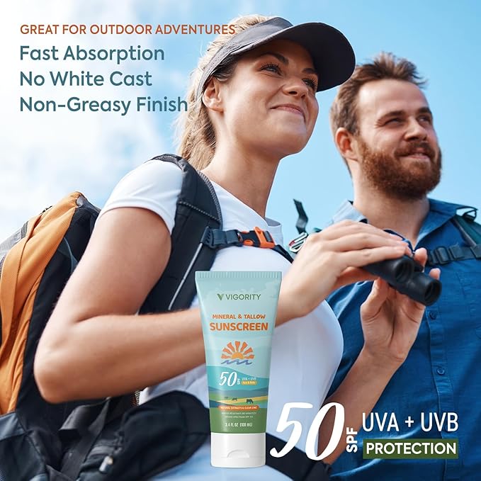 Vigority Tallow Sunscreen SPF 50 for Face & Body – Natural Grass-Fed Beef Tallow, Non-Nano Zinc Oxide – Moisturizing Mineral Sunblock, Non-Greasy & Non-Toxic, Reef Safe for Adults & Kids (3.4 oz)