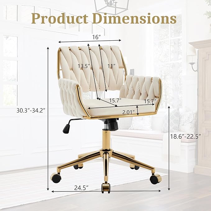 civama Velvet Office Desk Chair with Hand Woven Backrest, 360°Swivel & Height Adjustable Cute Girls Vanity Vlog Chairs, Nail Salon Bedroom Dressing Room Armchair with Gold Base and Wheels (Beige)