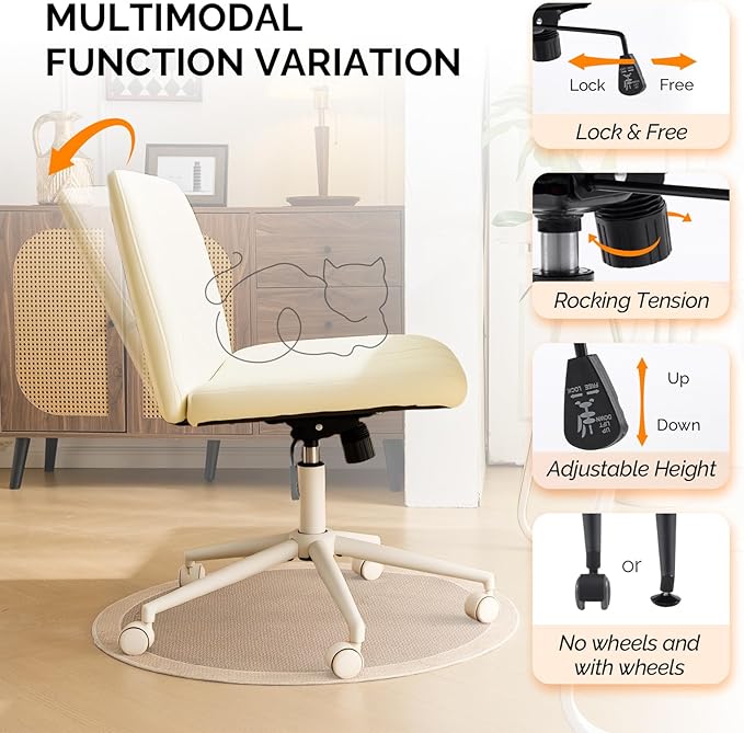 VINGLI Criss Cross Legged Chair,Wide Comfy Office Desk Chair,Dual-Use with/no Wheels Computer Task Chair,Swivel Armless Vanity Rolling Chair for Study,Make Up,Home Office,Cat Scratch PU Leather,Beige