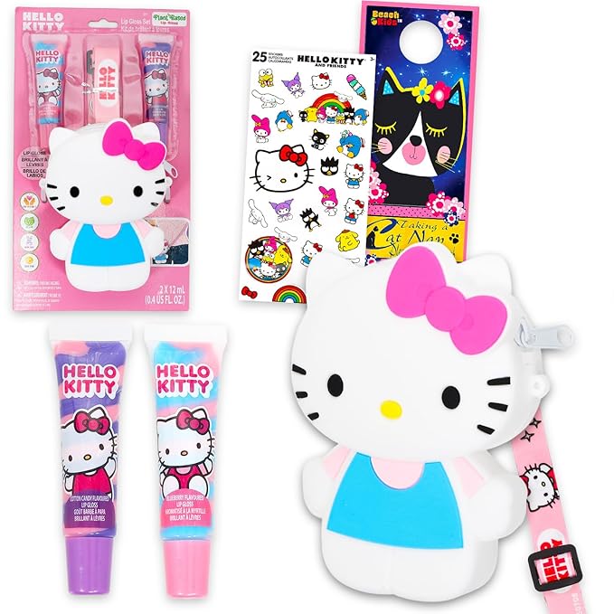 Hello Kitty Lip Gloss Tubes with Shaped Pouch - Bundle with 2 Lip Glosses in Assorted Flavors for Party Favors Plus Character Coin Purse with Lanyard, Stickers, More Party Favors