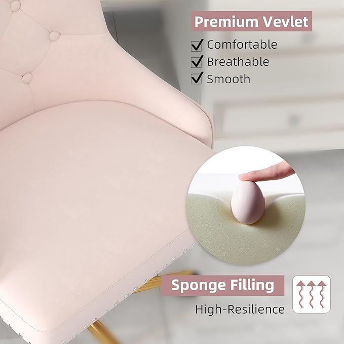 Westice Velvet Desk Chairs, Upholstered Swivel Comfy Makeup Vanity Chair with Tufted Back, Gold Metal Base & Wheels, Height Adjustable Chair for Girls, Bedroom Living Room, Light Pink