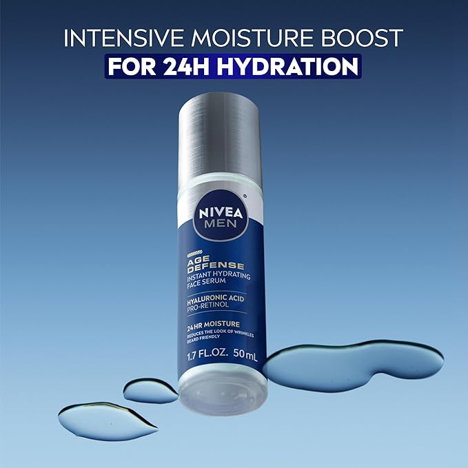 NIVEA MEN Age Defense Instant Hydrating Face Serum for Dry Skin, With Pro-Retinol and Hyaluronic Acid, Facial Serum Helps Reduce Look of Fine Lines and Wrinkles, 1.7 Fl Oz Bottle