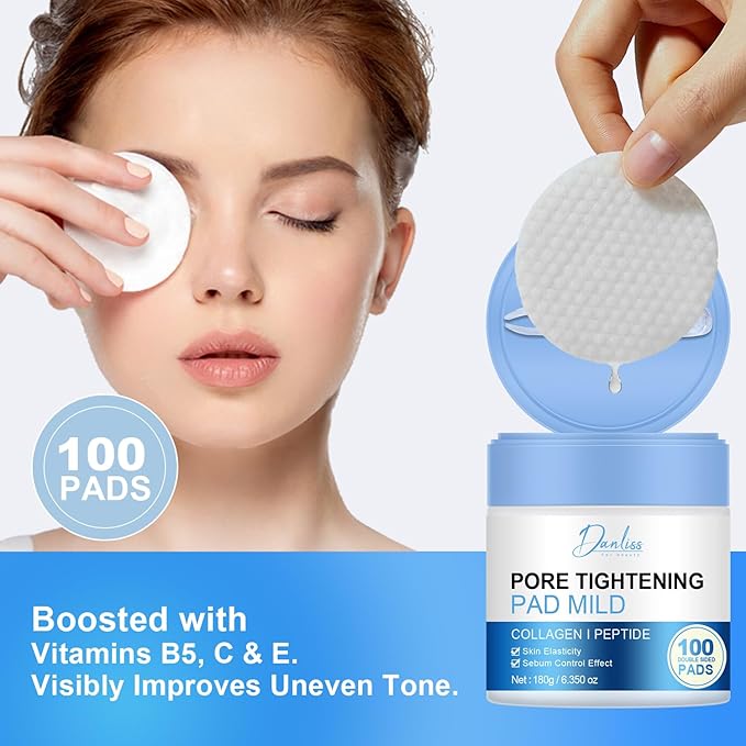 Pore Tightening Cleansing Pads with Niacinamide, Vitamins B5, C & E, Hydrating and Soothing, Improving Elasticity Pore Refining Toner Perfecting Cleansing Pads (100 pc)