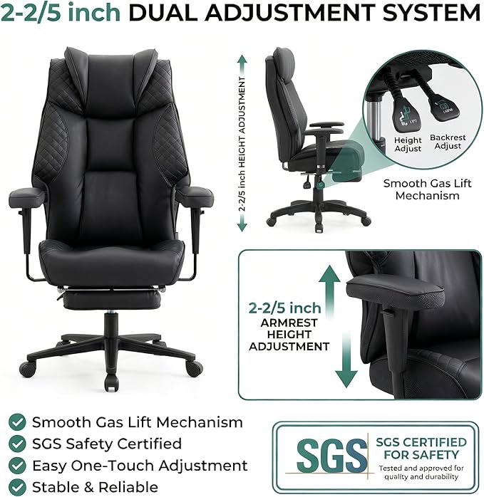 Big and Tall Office Chair 500lbs - 23.6" Extra Wide Seat Ergonomic Executive Chair, Heavy Duty Metal Base High Back Leather Office Chair with Footrest, Lumbar Support & Adjustable Arm, Black