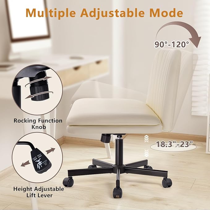 Criss Cross Chair with Wheels, Cross Legged Office Vanity Chair with Wheels, Comfortable Beige Vanity Stool with Back, PU Leather Armless Wide Swivel Criss Cross Desk Chair for Home Office
