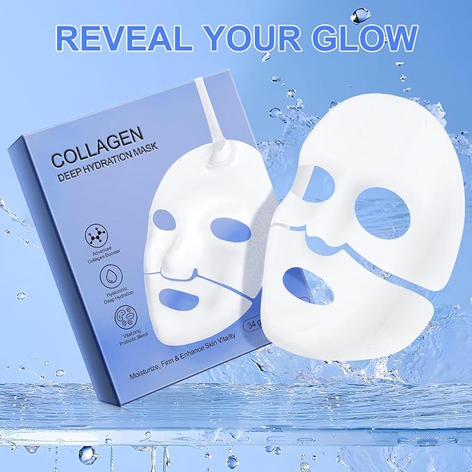 Collagen Face Mask,Firming Collagen Mask with Collagen Peptides for Anti-Aging, Facial Hydrogel Masks with low molecular weight collagen for elasticity and moisturizing